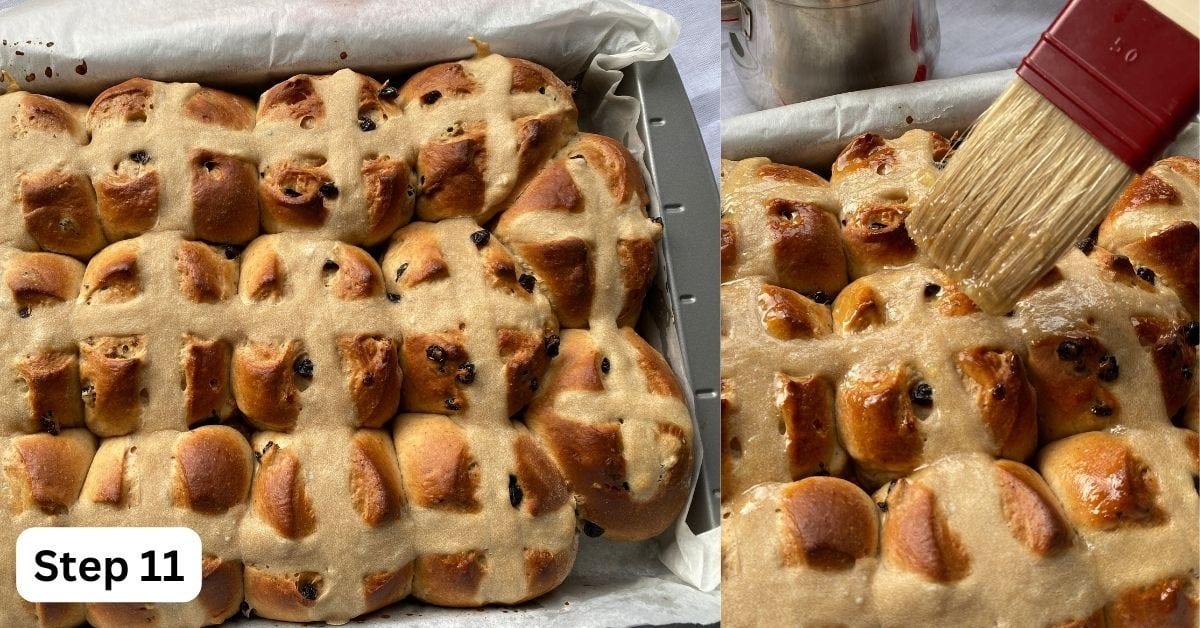 Glazing Hot Cross Buns.