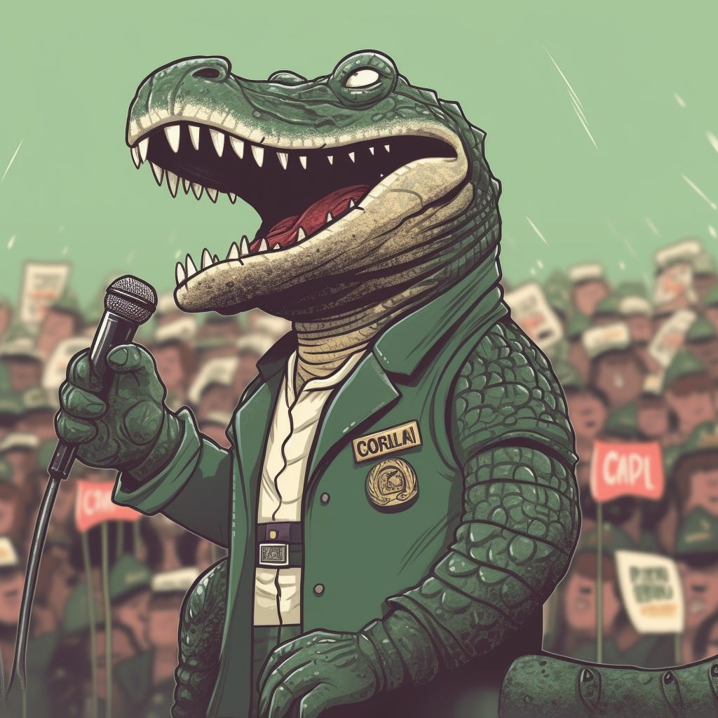 a cartoon crocodile dictator speaks at a rally