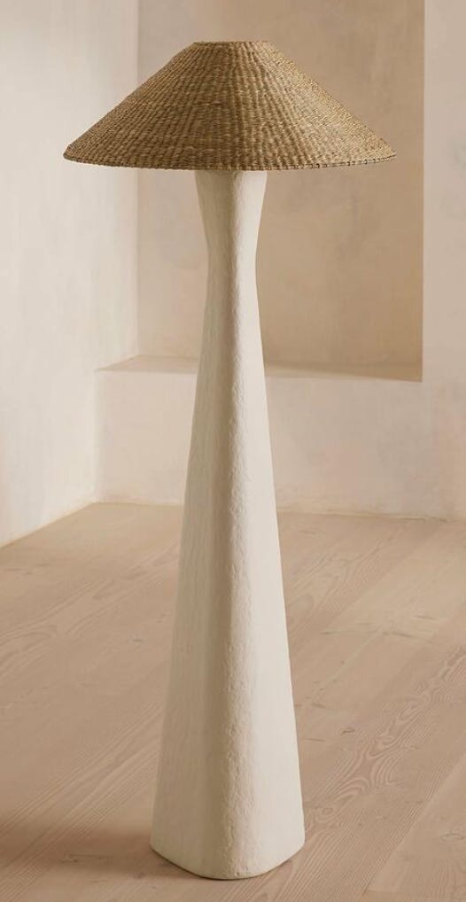 Floor lamp with plaster based stand and seagrass lamp shade