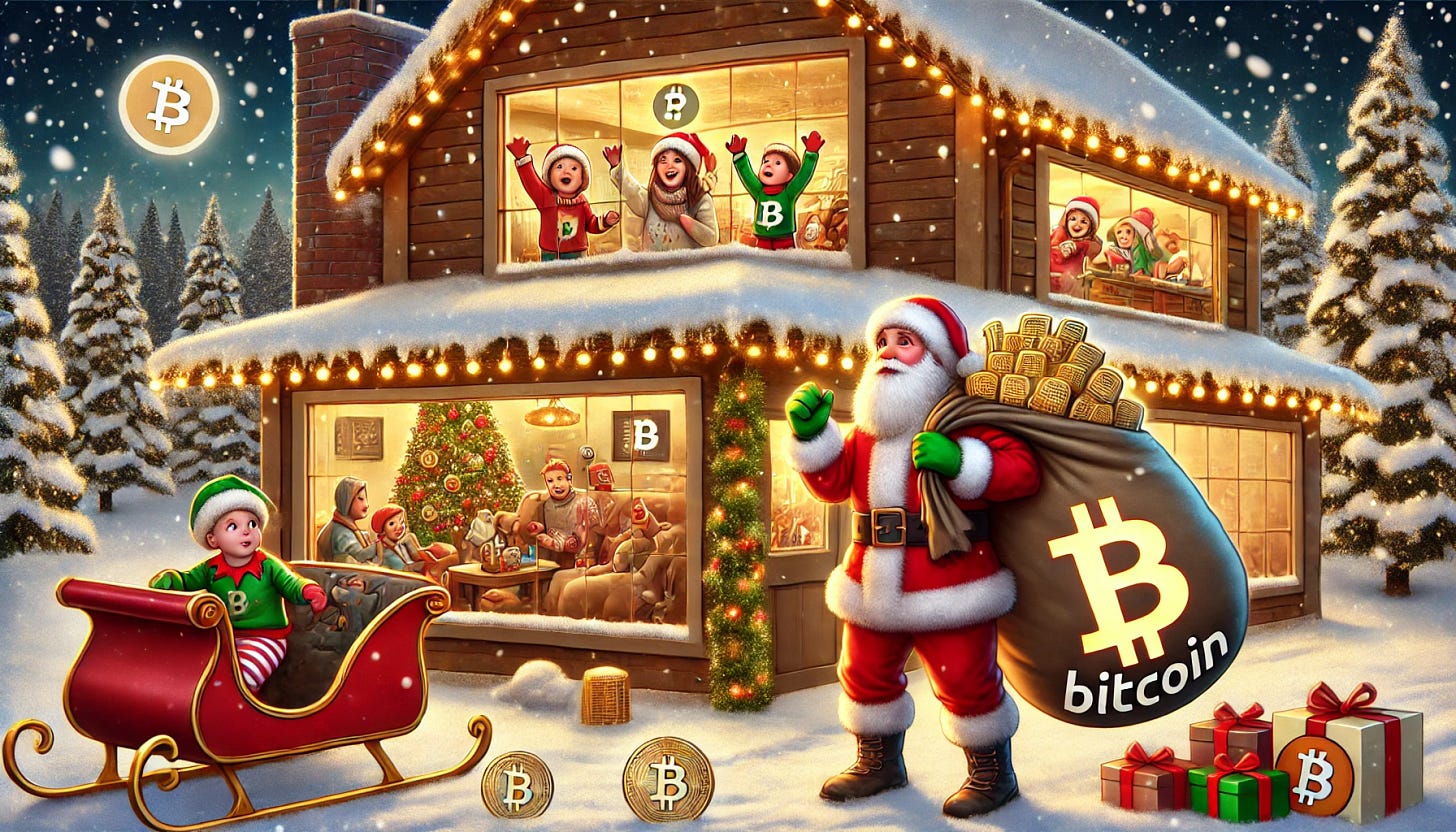 A whimsical and festive Christmas scene featuring Santa Claus arriving at a cozy, snow-covered house to deliver gifts. However, instead of leaving presents, he looks confused and cheerful as he notices everyone inside the house is celebrating joyfully because Bitcoin has reached 1 million euros in value, and they already have everything they need. The interior is visible through the windows, showing happy families with luxurious decorations, technology, and abundance. The setting is warm and magical, with twinkling lights, a sleigh parked outside, and a Bitcoin symbol subtly glowing on Santa's sack.