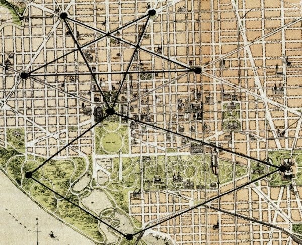overhead street view of Washington DC showing how some of the streets, if you choose where to draw lines on them, make up various shapes like a pentagram