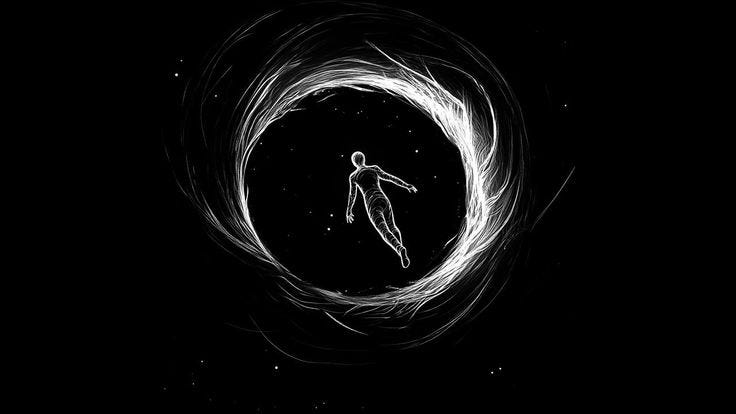 This may contain: a man is flying through the air in front of a black background with white swirls