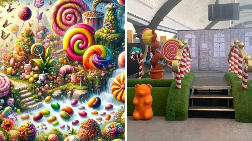 Left: Picture of AI generated art depicting a candy wonderland with bright colours. Right: A sparsely decorated warehouse with one giant gummy bear, and a candy cane bridge for the Willy Wonka Experience in Glasgow Scotland