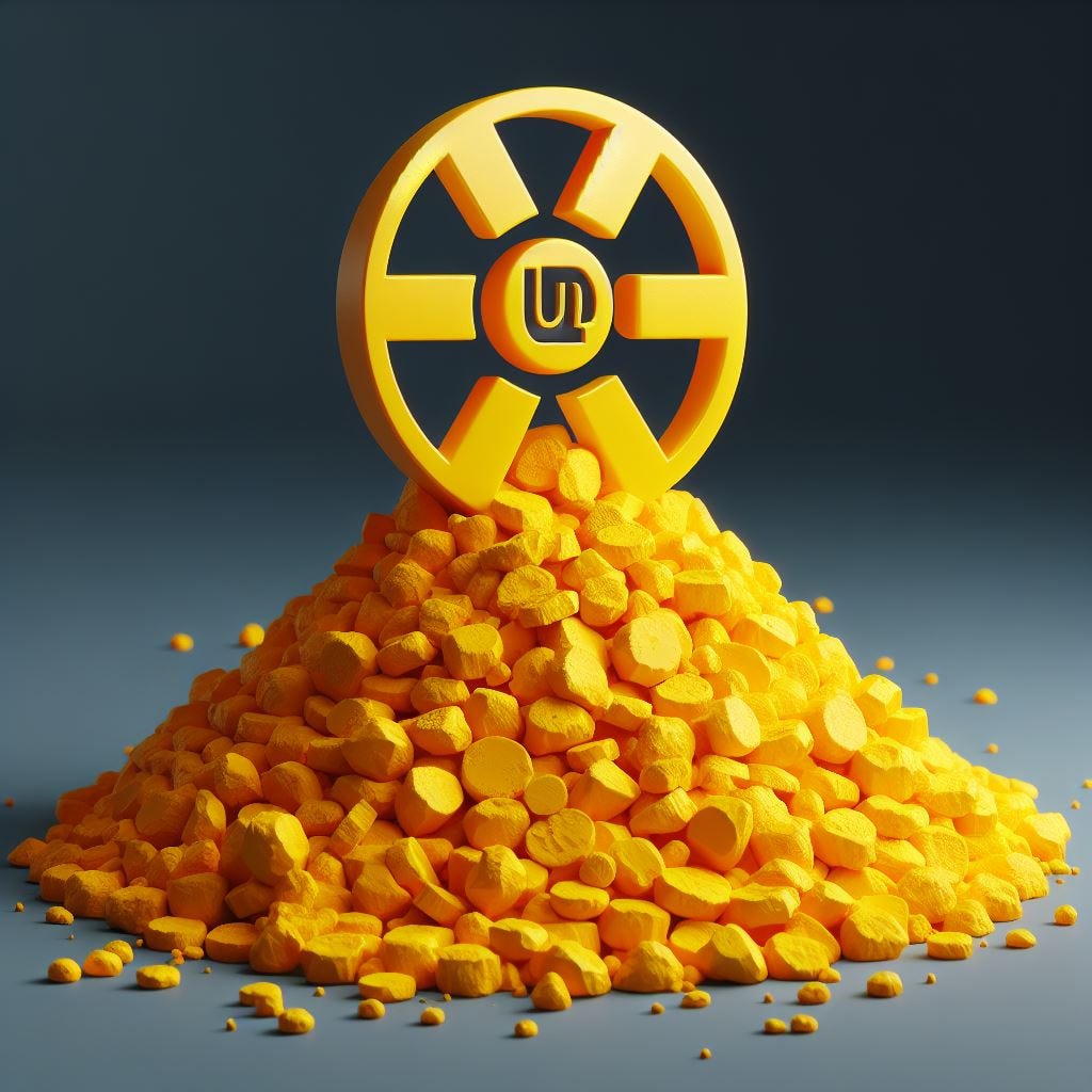 a pile of yellow refined uranium with atomic symbol U308
