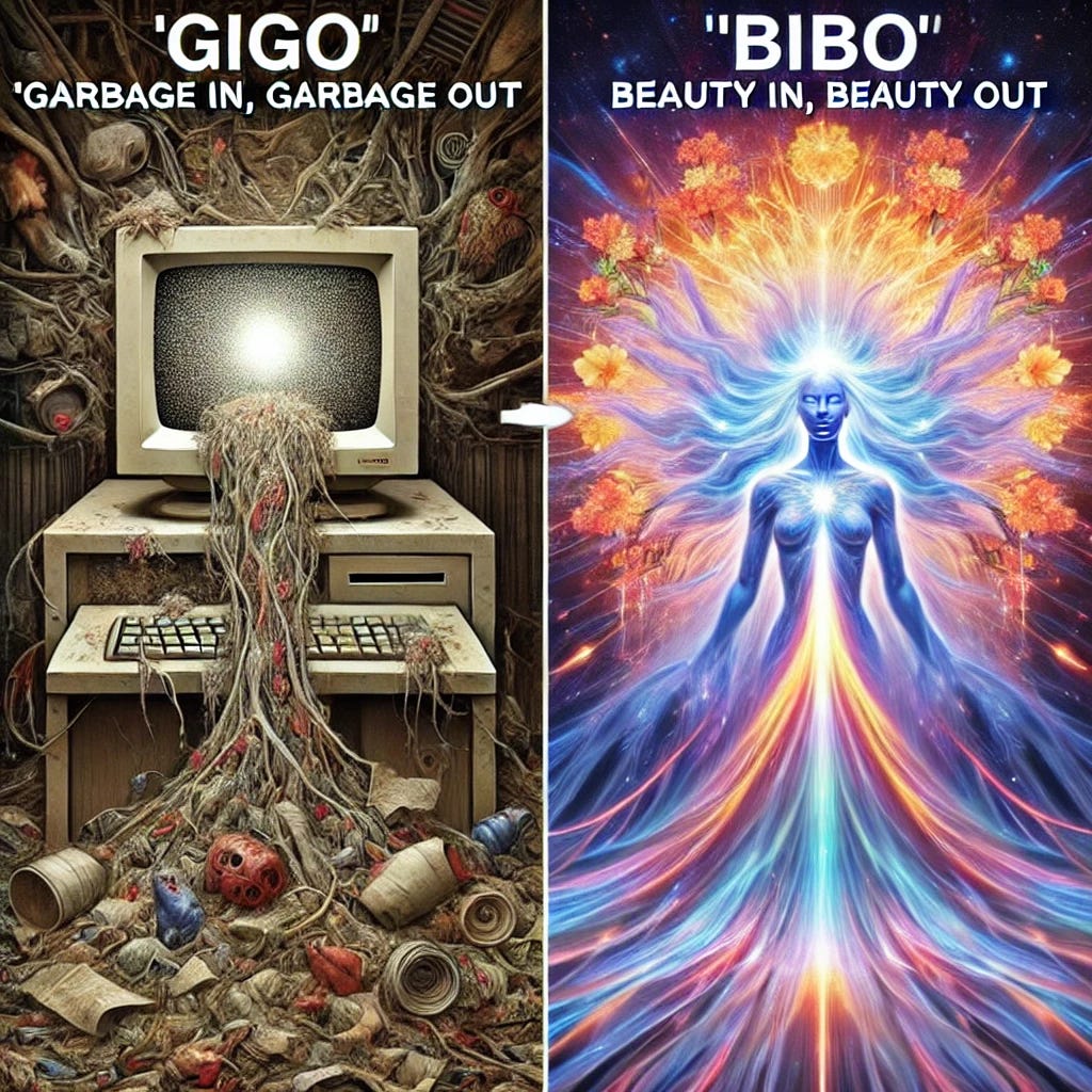 A digital art meme comparing 'GiGo' (Garbage In, Garbage Out) to 'BiBo' (Beauty In, Beauty Out). On the left side, 'GiGo' is represented by an old, chaotic computer spitting out distorted, nonsensical data, symbolizing flawed inputs leading to flawed outputs. On the right side, 'BiBo' shines with futuristic AI technology radiating beauty, wisdom, and human enlightenment. The AI is depicted as an ethereal, nature-infused machine, seamlessly blending with organic elements like trees, flowers, and flowing light. The contrast between the two concepts highlights the transformative power of AI in serving human awakening and self-realization.