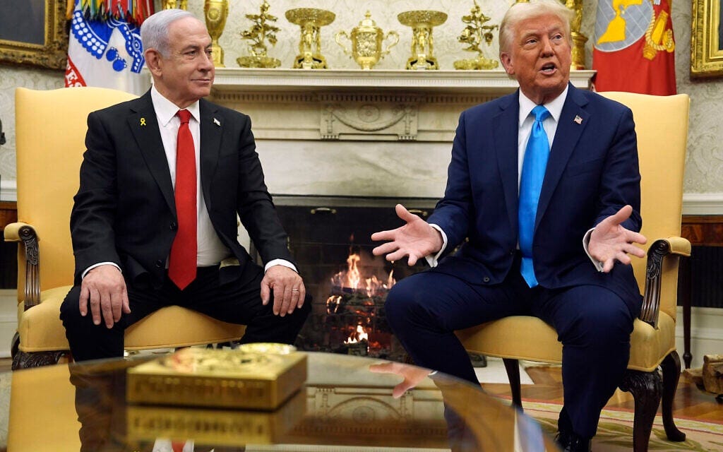 US President Donald Trump, right, meets with Prime Minister Benjamin Netanyahu in the Oval Office of the White House, April 9th, 2025, in Washington