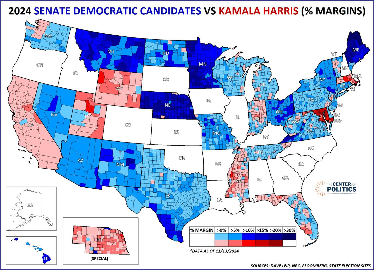 Nationwide map of 2024 Democratic Senate Candidates vs Kamala Harris (% Margins) from the Center for Politics