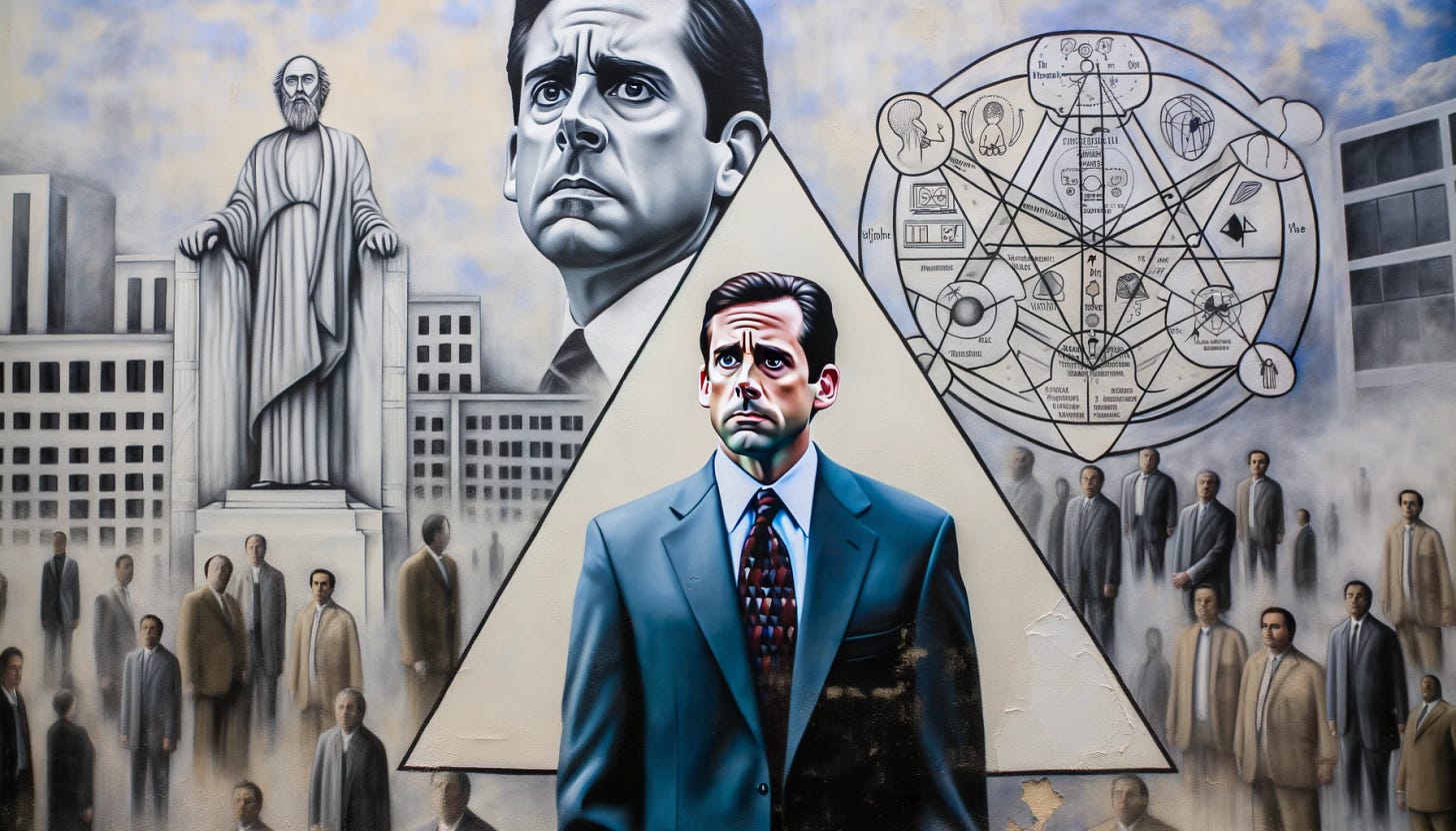 Mural painting of Michael Scott from The Office standing in the foreground, looking contemplative. In the background, a depiction of René Girard's scapegoat mechanism is illustrated with figures and symbols representing the mechanism. Overlaying the entire scene is a translucent triangle, subtly connecting the elements.