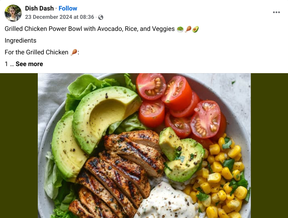 A screenshot of a Facebook post by Dish Dash. It shows a recipe of a "Grilled Chicken Power Bowl" and includes an AI generated image