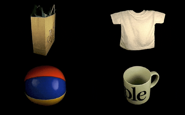 A GIF generated from QuickTime VR movies. Four products from The Company Store QuickTime VR demo spin in a loop.