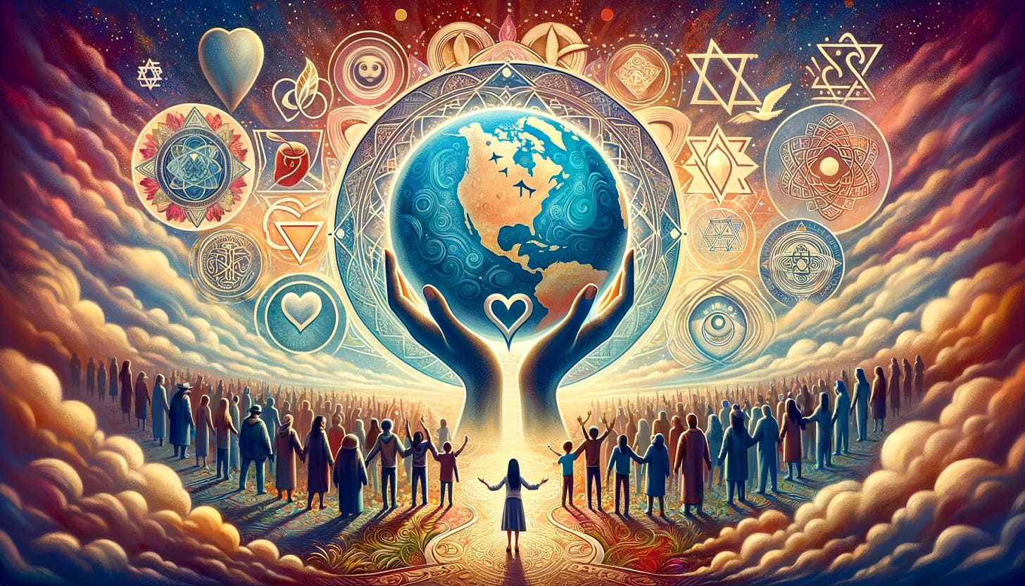 Create an image that symbolizes a spiritual journey connecting ancient wisdom with modern responsibility. In the foreground, feature symbols representing the concepts of agape and chesed, such as a heart and a pair of open hands, to depict love, kindness, and charity. In the background, illustrate a diverse group of people together holding a globe, symbolizing the idea of tikkun olam - repairing the world through collective action. The overall mood should be one of hope and unity, with a backdrop that transitions from ancient symbols to a vision of a harmonious world. Keep the design simple but meaningful, with a focus on the interconnectedness of all people in the pursuit of a better future.