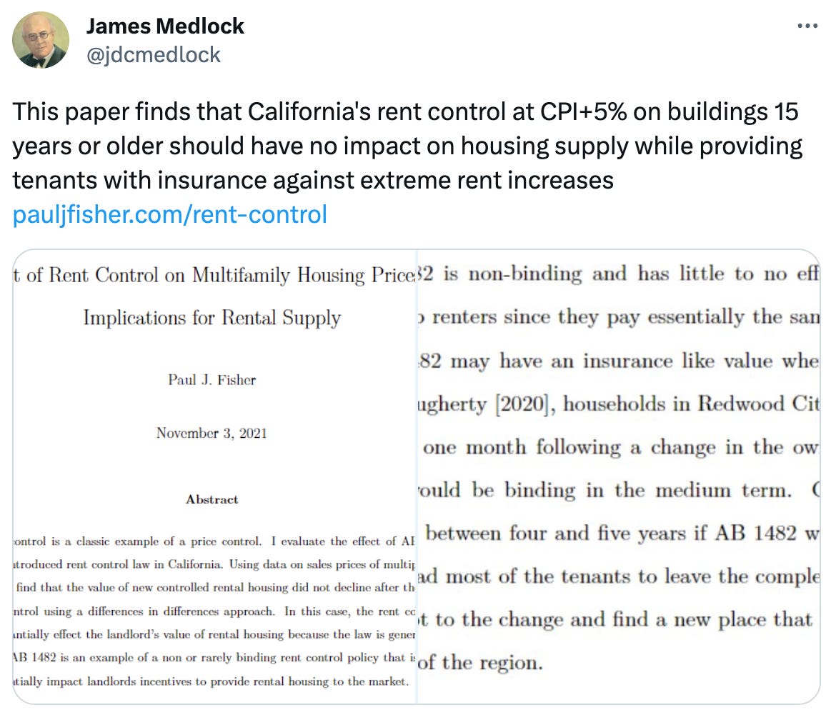  James Medlock @jdcmedlock This paper finds that California's rent control at CPI+5% on buildings 15 years or older should have no impact on housing supply while providing tenants with insurance against extreme rent increases https://pauljfisher.com/rent-control