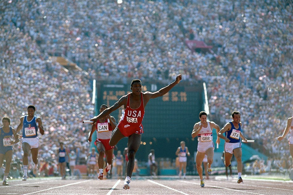 Carl Lewis wins the relay at 1984 olympics