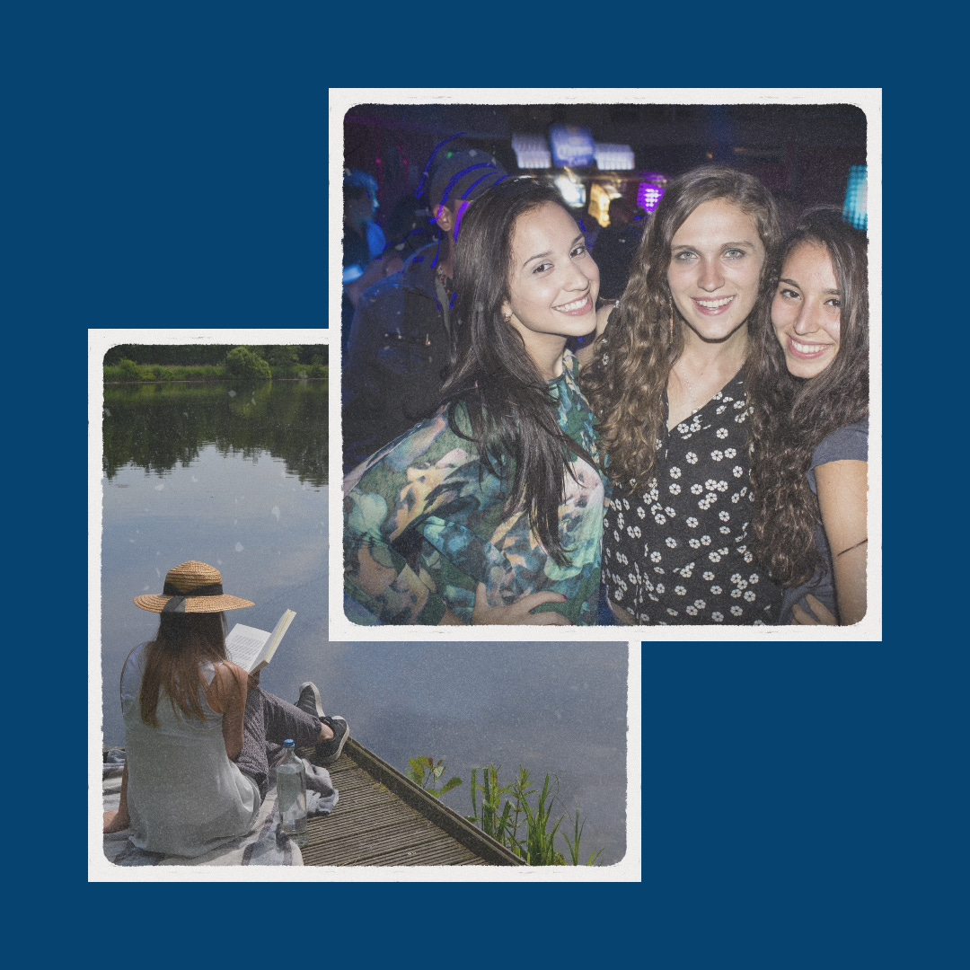 two photos, one of a woman reading alone and one of a group of women at a party