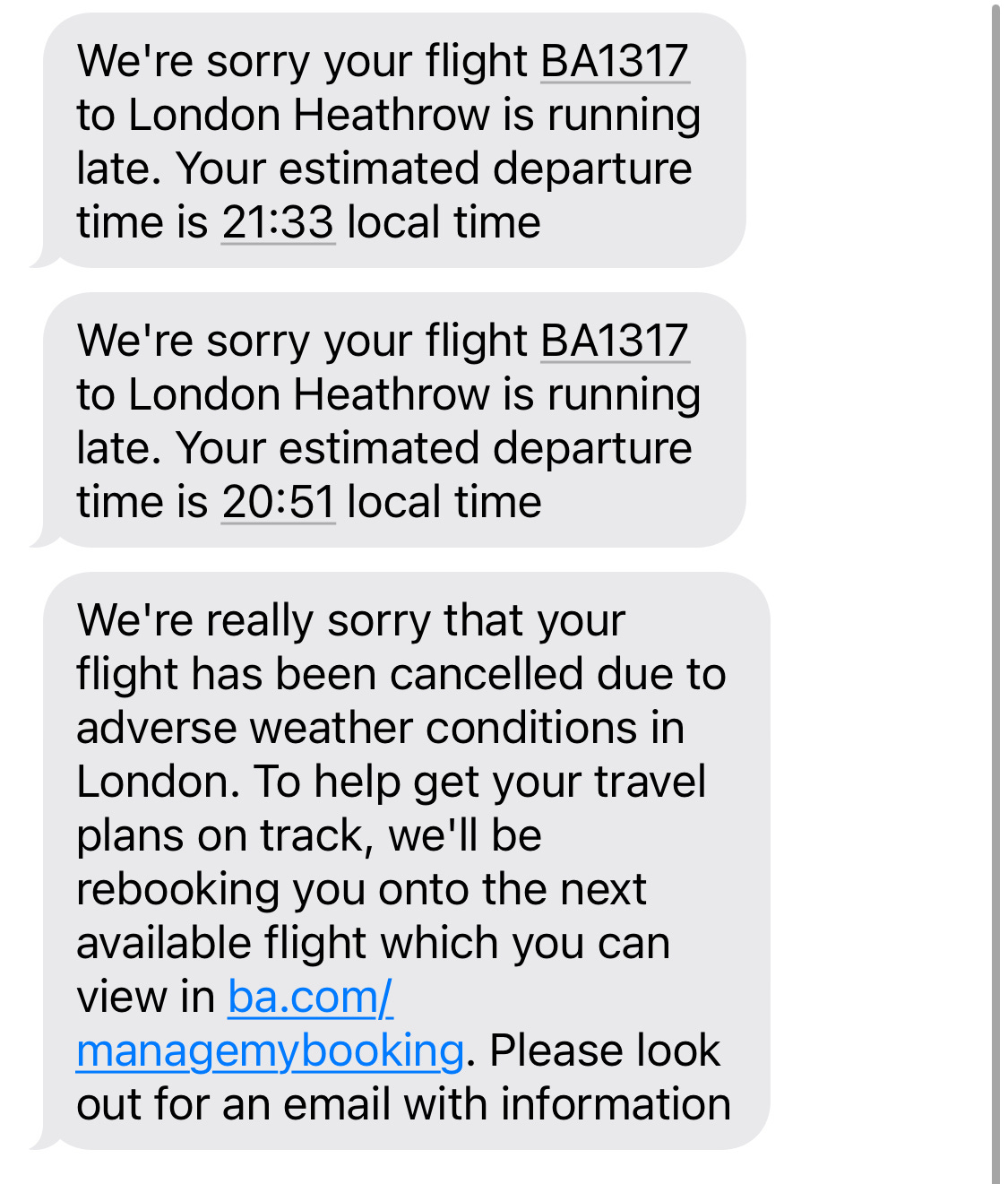 Screenshot of the 3 texts sent by BA as outlined in the text below