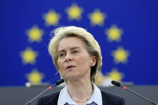 European Commission President Ursula von der Leyen speaks during a debate on the conclusions of the European Council meeting regarding Russian...