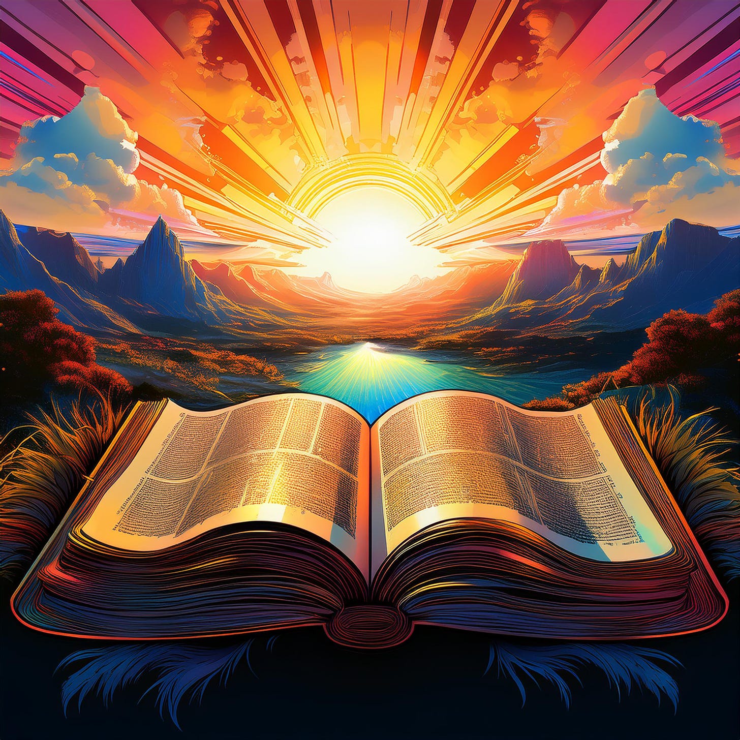 AI Artwork of an Open Bible with a Sunrise in the Background