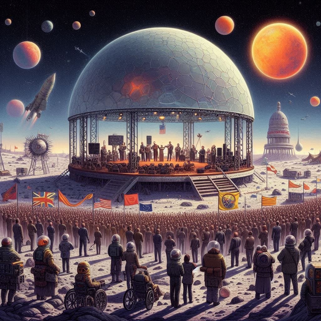 political rally under a dome on Pluto, solarpunk drawing