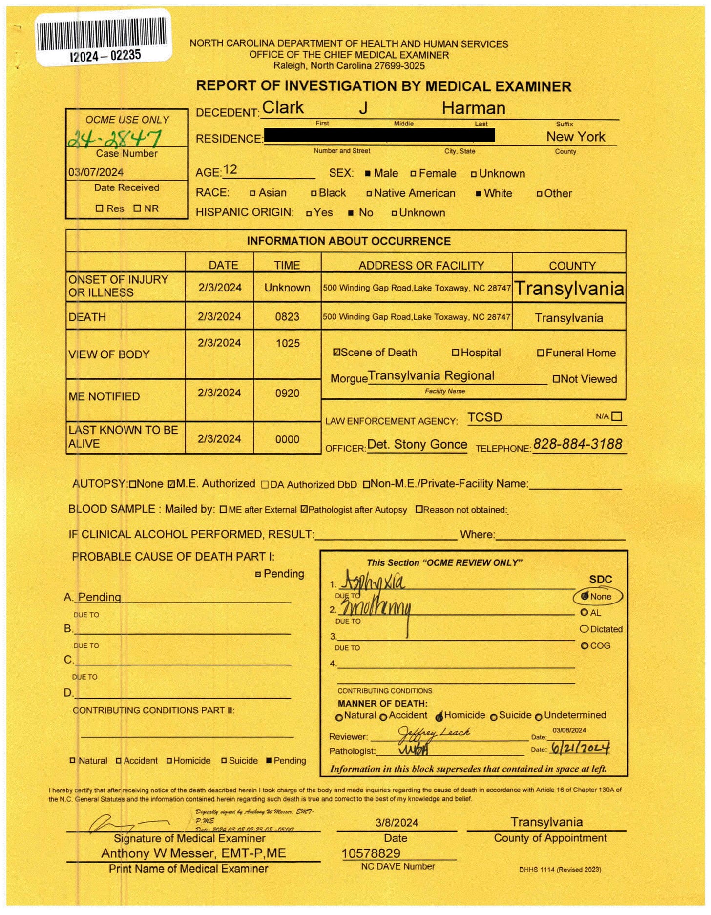 The first page of the M.E.'s report, full P.D.F. available for download, below