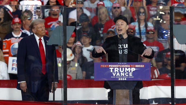 Tesla CEO Elon Musk endorses Republican presidential nominee former President Trump during a campaign rally at the Butler Farm Show fairgrounds in Butler, Pa., Oct. 5. Getty Images