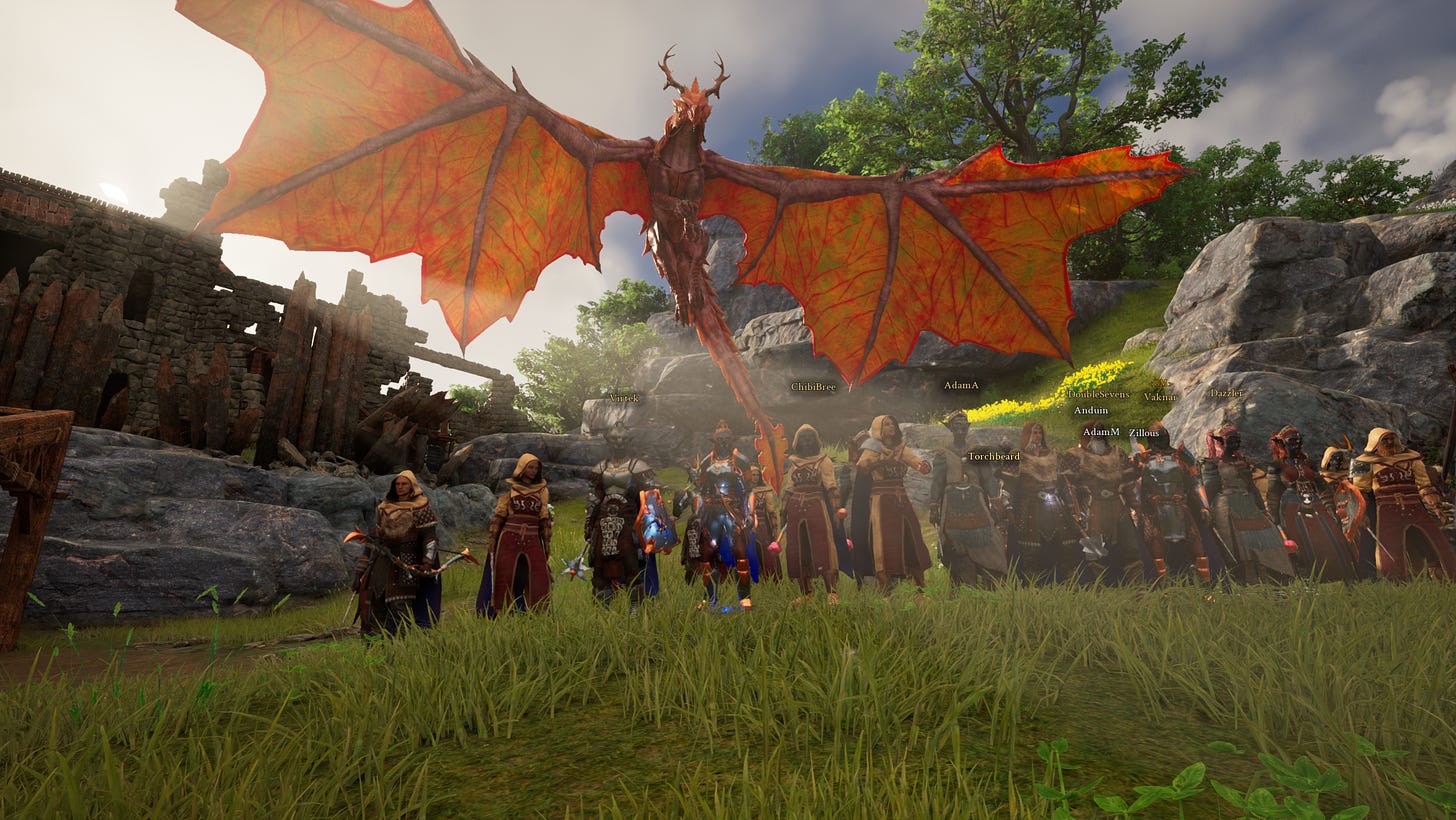 In-Game screenshot of players with Mayoral Mount in background