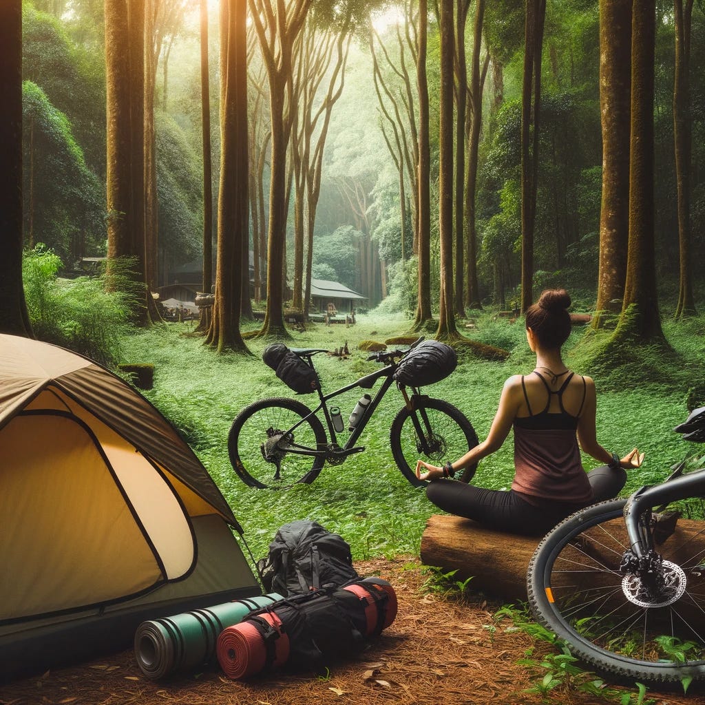 DALL·E 2024-01-23 13.08.14 - A serene bikepacking scene with a cyclist practicing yoga beside a tent in a tranquil forest setting. The image captures the essence of mindfulness an