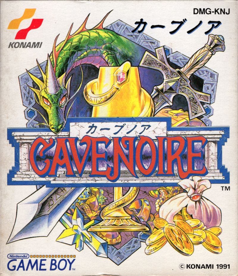 The box art for Cave Noire, which has its logo in English despite being a Japan-only release. Key items from the game are shown, such as a golden chalice, a bag of coins, and the sword you wield throughout each dungeon.