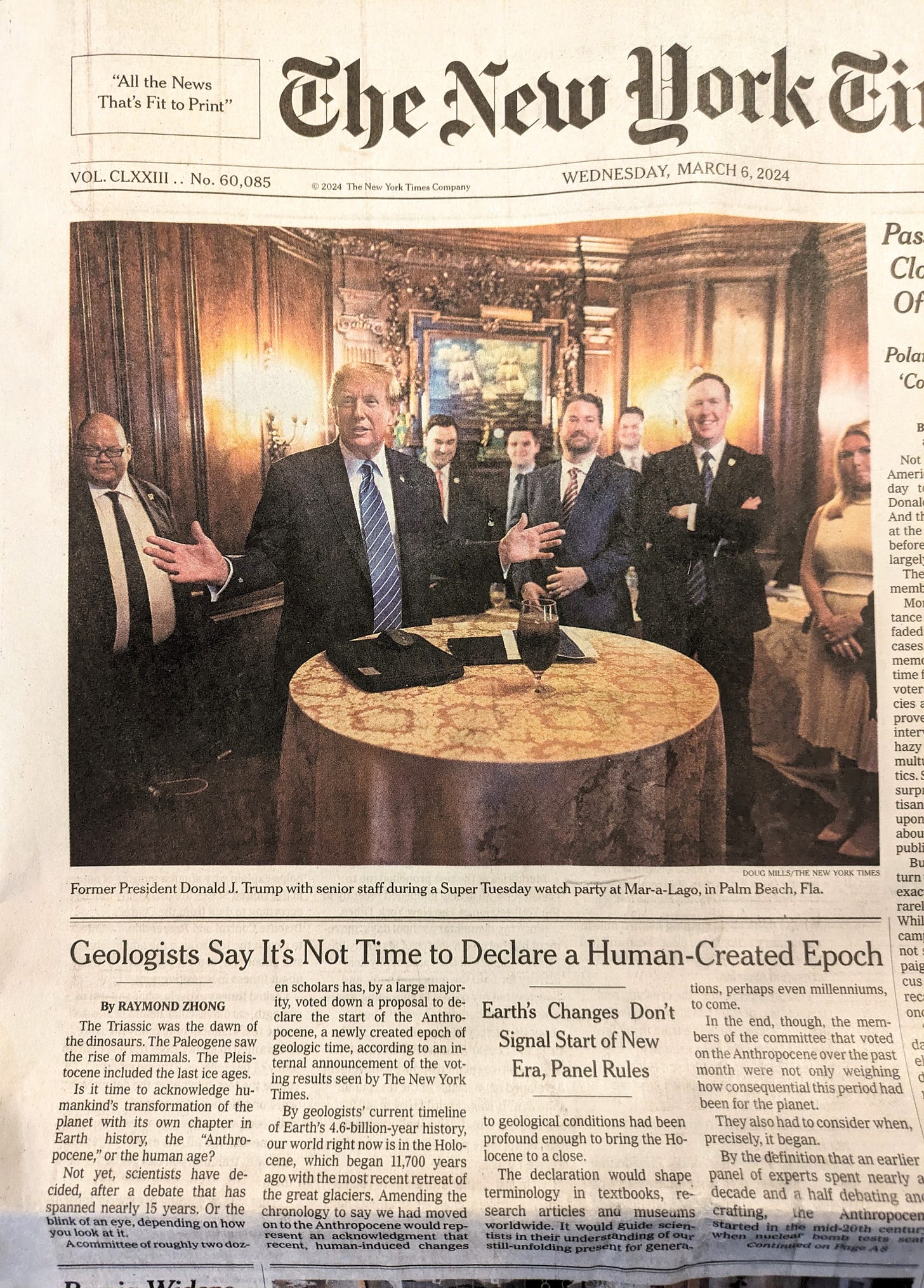 Trump and Anthropocene story on NYT front page