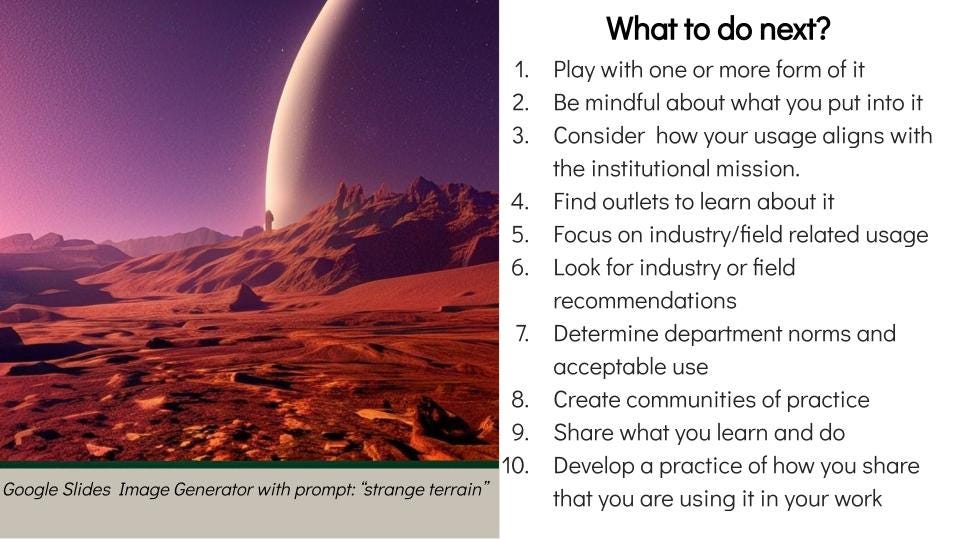 Slide from the slide deck with the 10 things I cover in this section outlined along with an AI-generated image of another planet's surface and a large planet can be seen on the horizon.