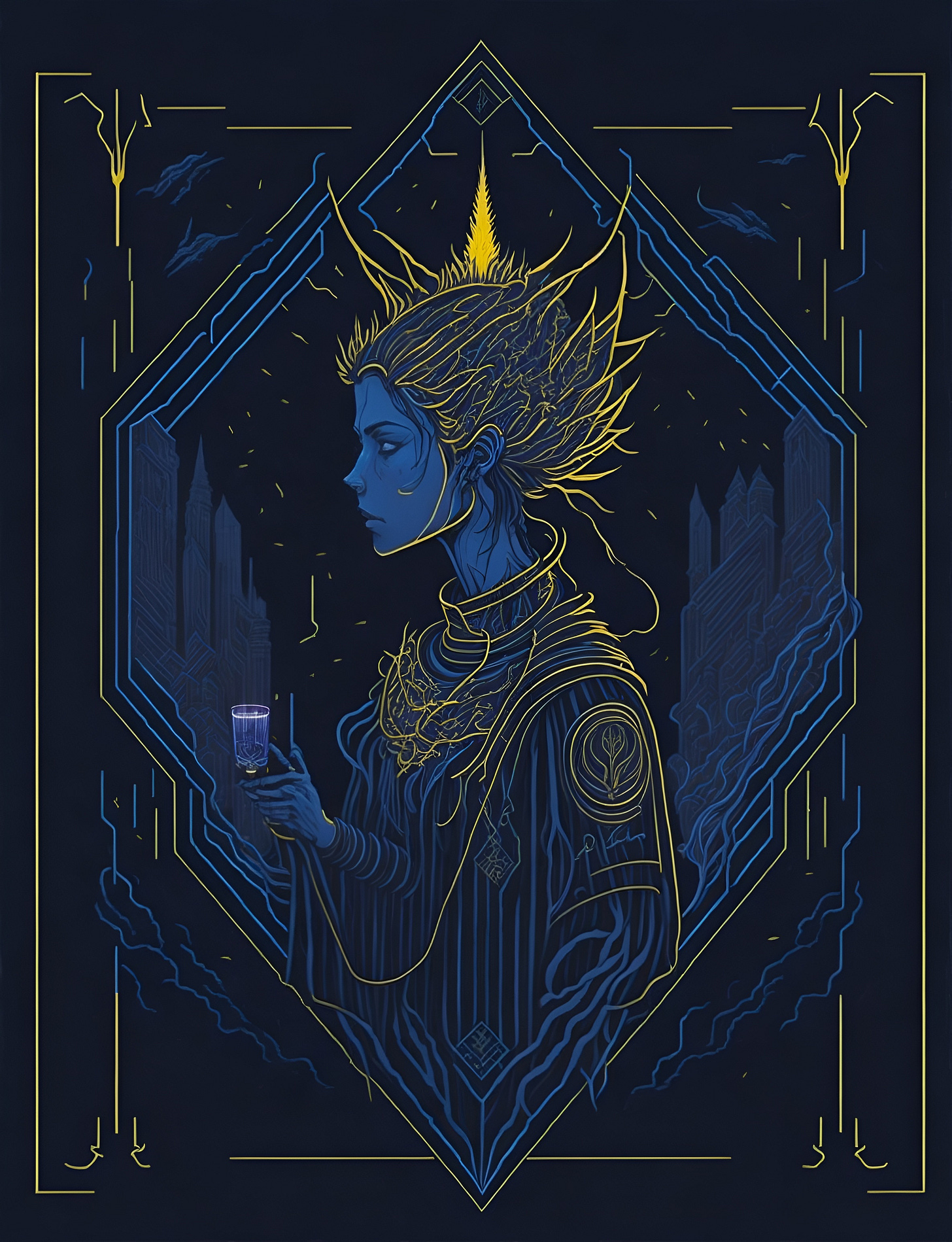 Tarot inspired cyberpunk art, a woman holds a whiskey shot glass