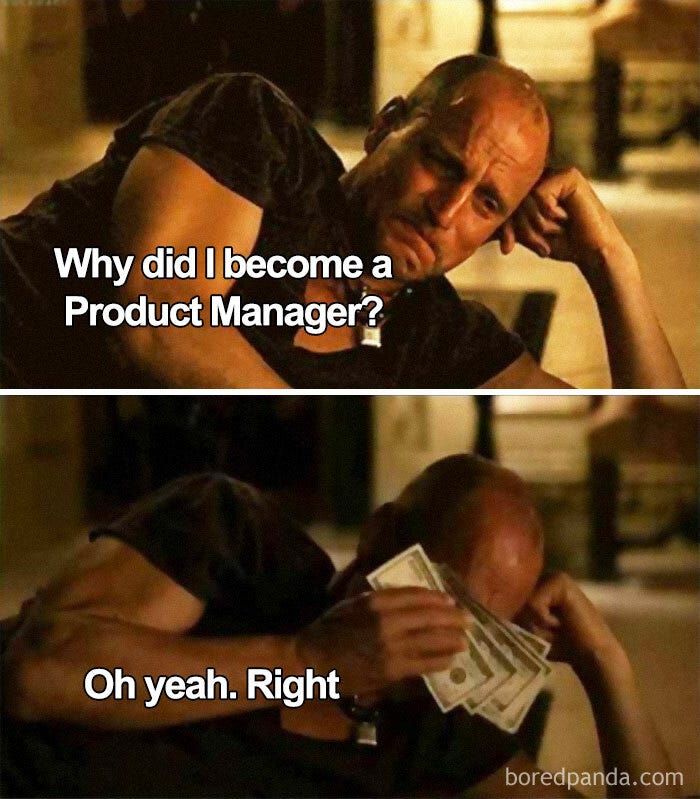May be an image of 2 people and text that says 'Why did I become a Product Manager? Oh yeah. Right boredpanda.com'