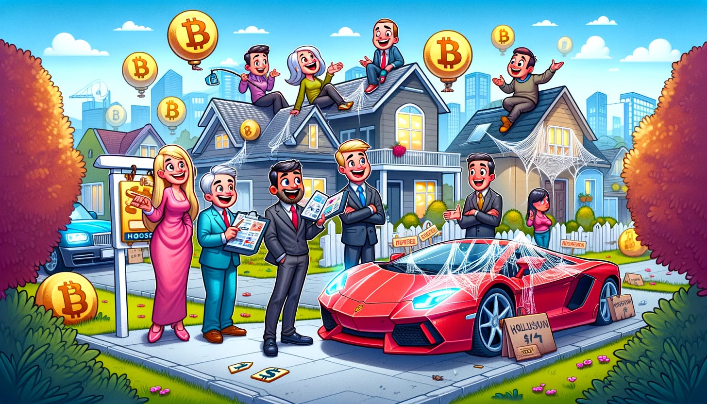 A colorful cartoon illustration in a 16:9 format, depicting a whimsical scene where a group of cheerful people, styled as 'Bitcoin millionaires', are enthusiastically choosing houses over luxury cars. The setting is a lively street where a real estate agent, holding a portfolio, shows a variety of homes depicted with price tags. Nearby, a car salesman looks disappointed as he leans against a sleek sports car with cobwebs. The cartoon style is bright and playful, focusing on the contrast between the bustling real estate area and the neglected car dealership.