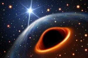 An artist’s impression of the system assuming that the massive companion star is a black hole. The brightest background star is its orbital companion, the radio pulsar PSR J0514-4002E. The two stars are separated by 8 million km and orbit each other every 7 days.