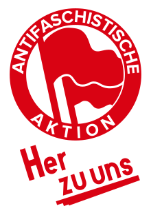 A red logo with two flags and the words "Antifaschistesche Aktion: Her zu uns