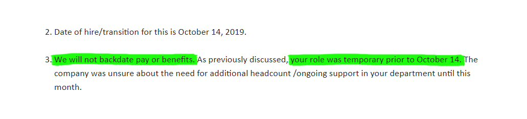 Screenshot of a partial email response from TYT to Hank Thompson reading "date of hire/transition for this is October 14, 2019" and in another part "We will not backdate pay or benefits" and "your role was temporary prior to October 14" in green highlight followed by "the company was unsure about the need for additional headcount /ongoing support in your department until this month."