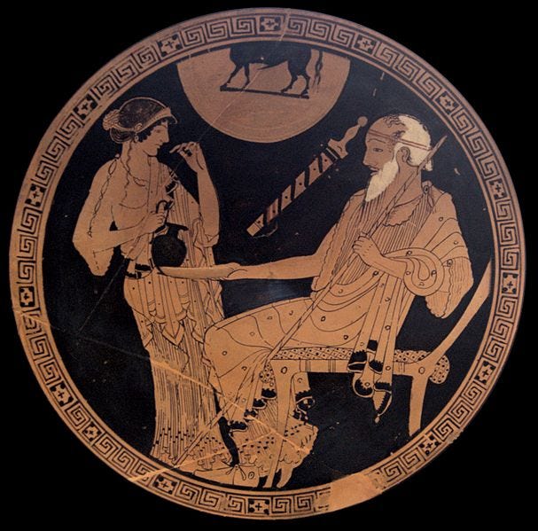 A red figure vase image showing a young woman pouring a drink for a seated old man