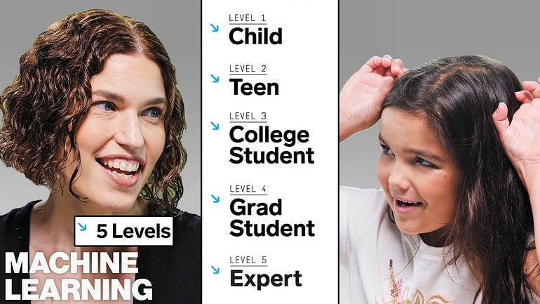 woman is on the left side, while a child is on the right. In between the two people are five levels,: level I is child, followed by team, college student, grad student, and lastly level V is expert.