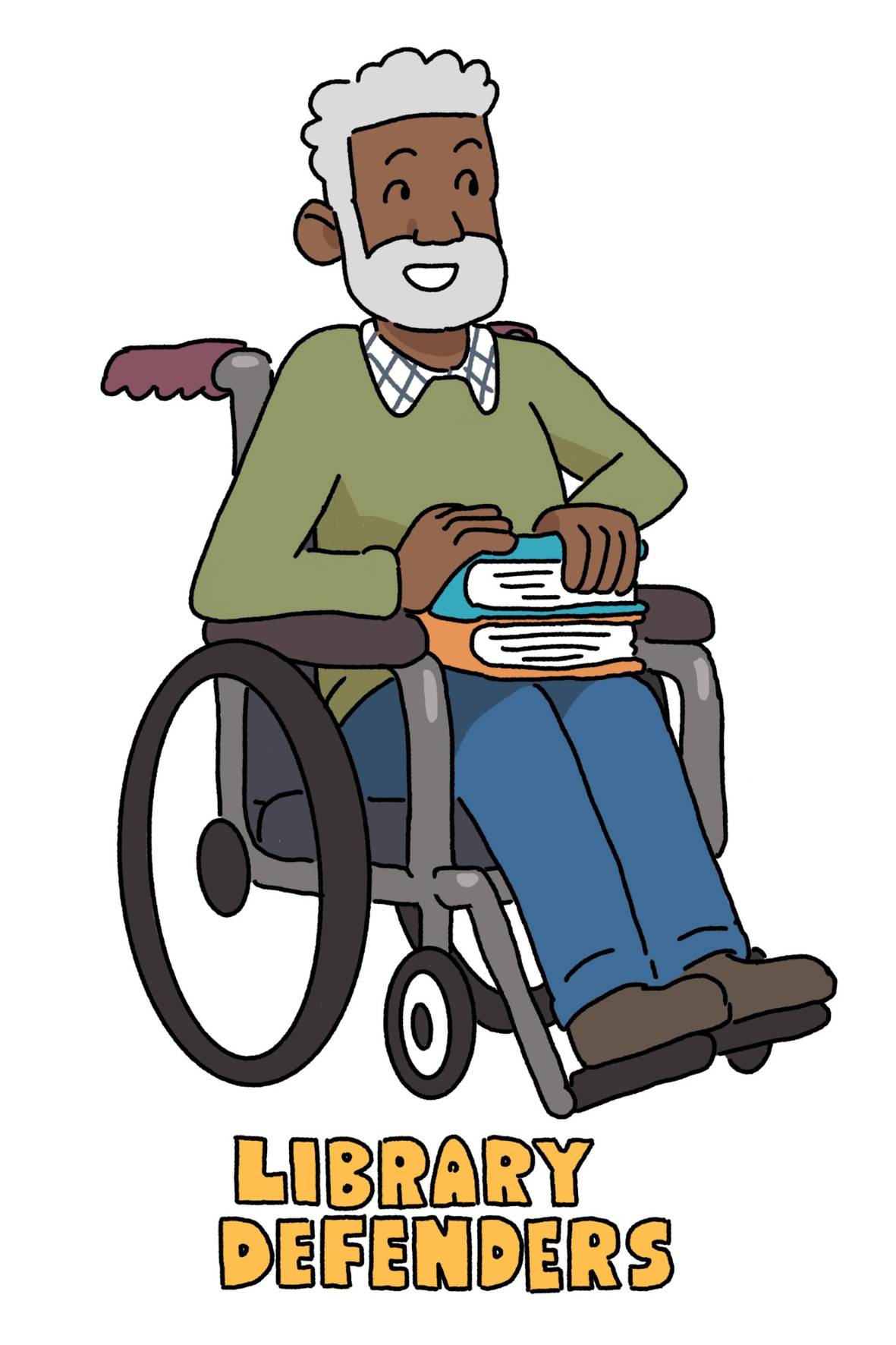 A cartoon illustration of a man in a wheelchair holding a stack of two books. A cartoon illustration caption says "Library Defenders." Art by Flynn Nicholls.
