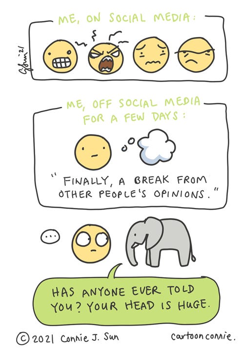 Social Media Burnout Cartoon about social media burnout and trying to recharge creative batteries, illustration by Connie Sun, cartoonconnie