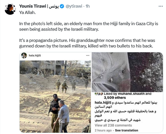 r/Palestine - Israel took photos of a soldier "helping" an elderly disabled Gazan man for propaganda, then shot him when his back was turned and killed him. This is all a game to them.
