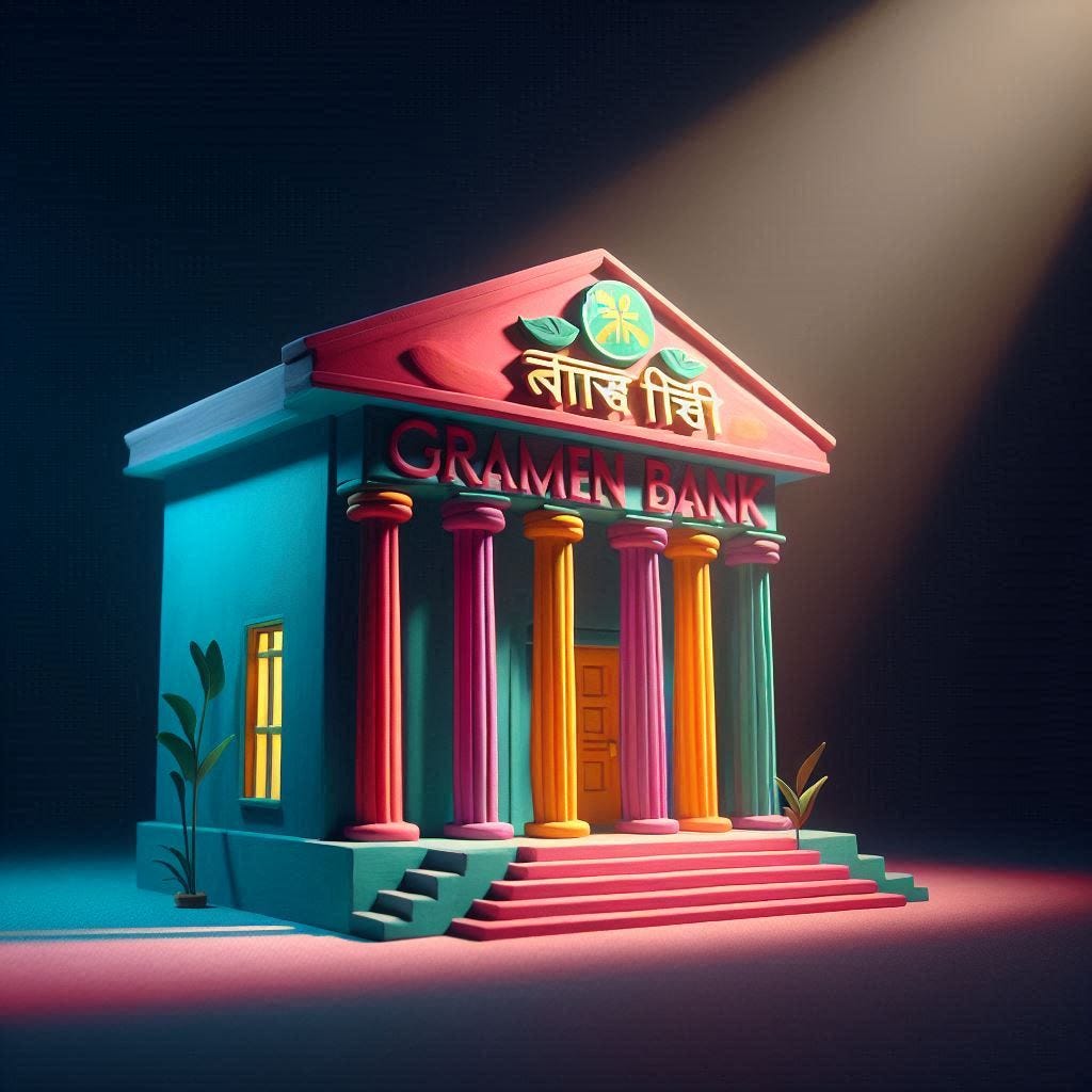 Grameen Bank - in Claymation  - Using bright colours - minimalist image - Smooth Image - with 3d Effects with light projecting from the top in a dark room