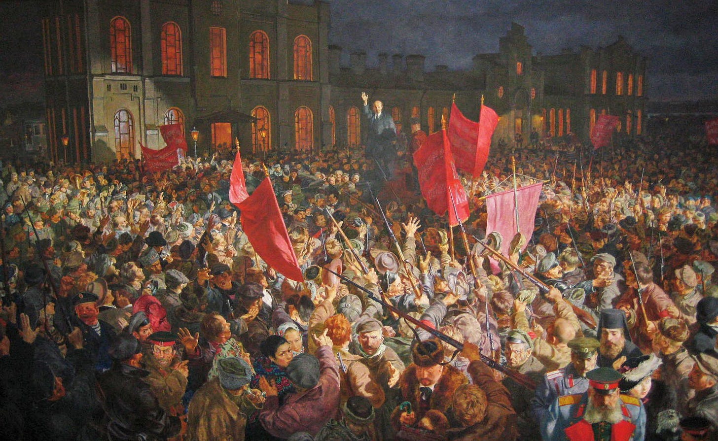 Lenin addressing a crowd in Red Square