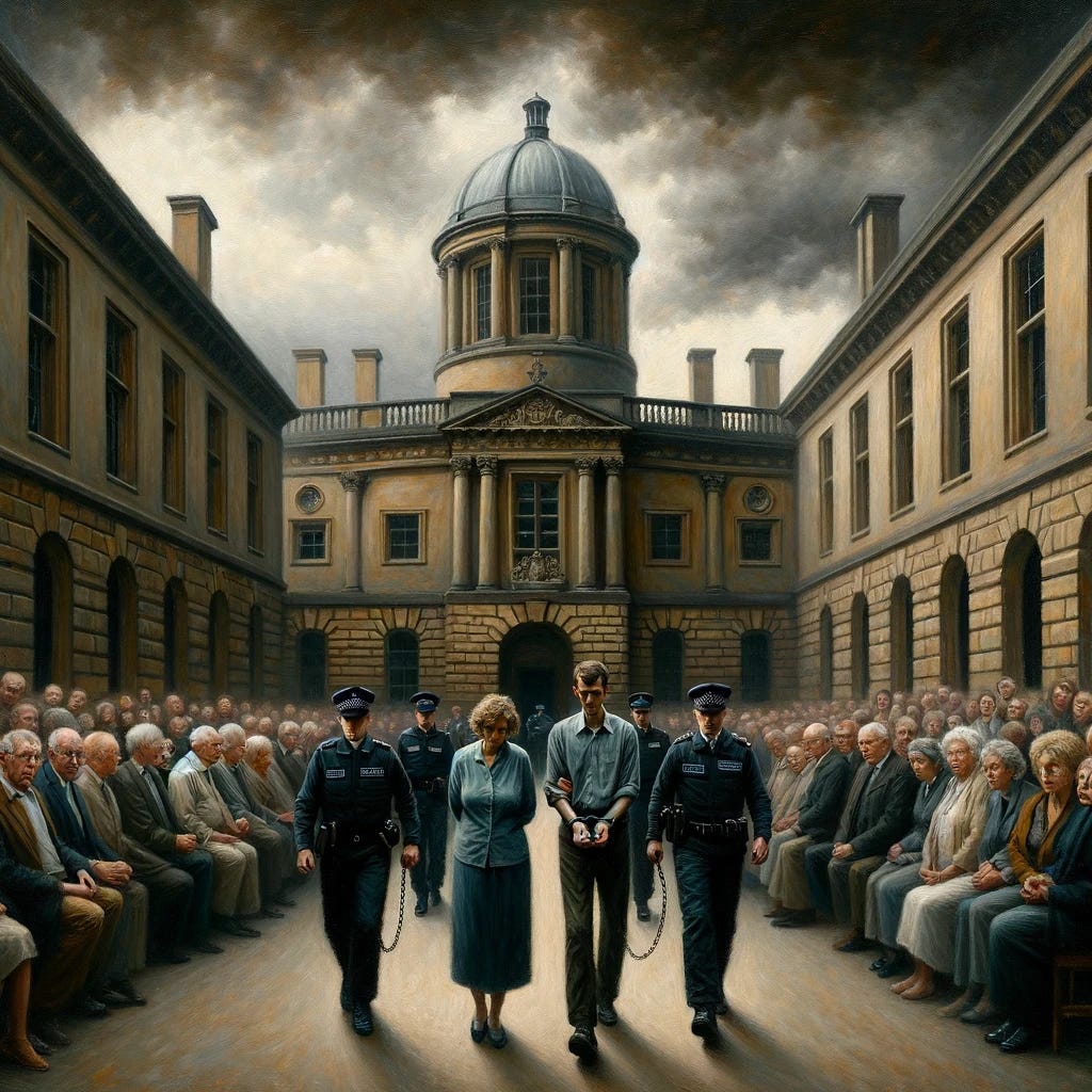 An oil painting capturing a dramatic and solemn moment as two individuals, known as the Oxford parents, are led to jail. The scene is set outside a grand, old courthouse reminiscent of Oxford's historic architecture, with its imposing stone facade and ornate details. The parents are in the center of the composition, handcuffed and surrounded by law enforcement officers. The parents exhibit expressions of regret and resignation, their heads slightly bowed as they proceed forward. The atmosphere is heavy with the weight of justice and societal implications, under a cloudy sky that adds to the scene's gravity. Bystanders, depicted with varied reactions ranging from sympathy to judgment, line the sides of the path, creating a corridor through which the parents are led. This painting captures the moment with emotional depth, using the rich, textured layers and muted colors typical of oil paintings to convey the complexity of the situation.