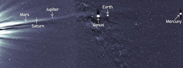 A labeled view from the WISPR instrument, with the planets visible labeled and pointed out with white arrows.