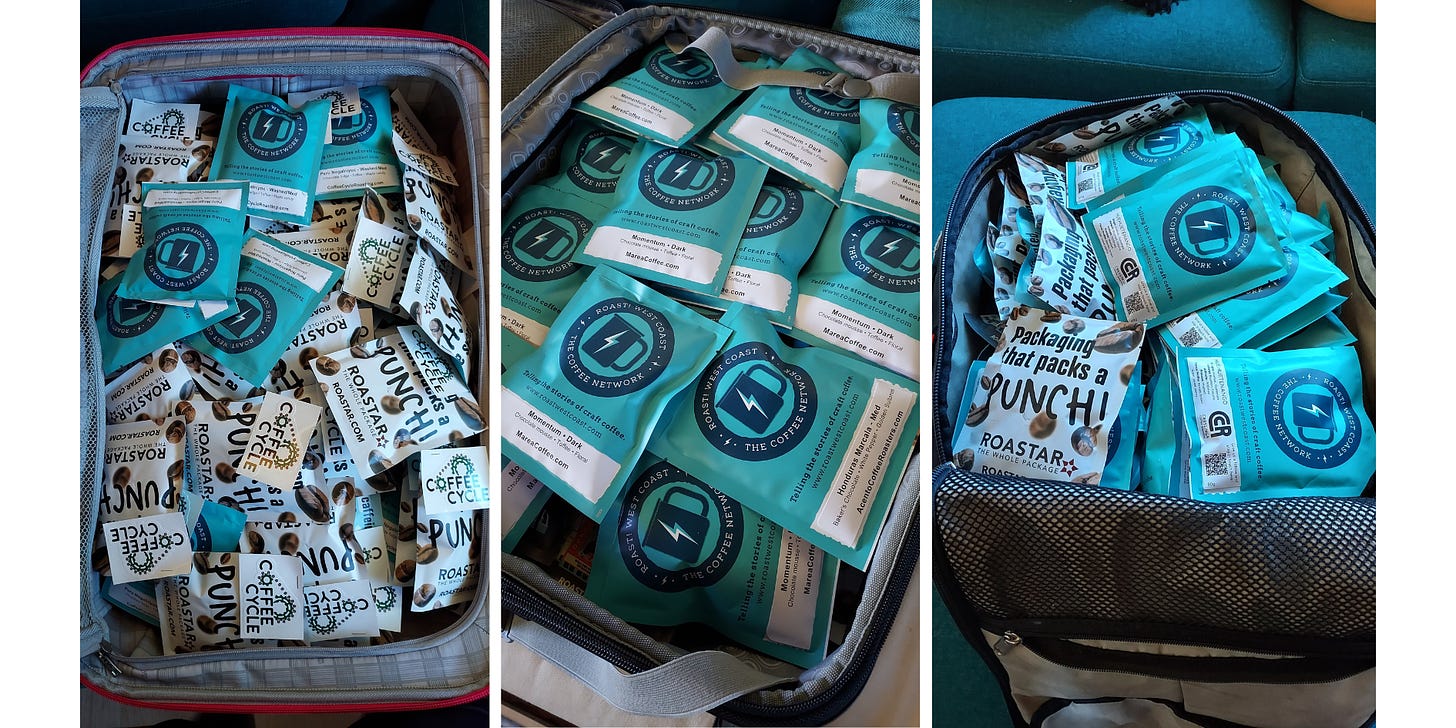 Three photos of coffee samples packed into open suitcases and backpacks.