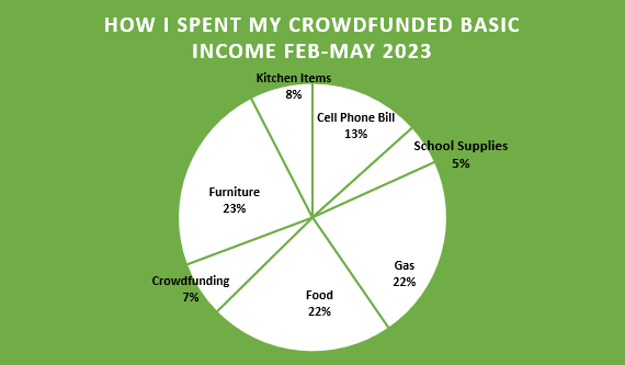 pie chart of how I spent the crowdfunded basic income since february: 7% crowdfunding, 8% kitchen items, 13% cell phone bill, 5% school supplies, 22% gas, 22% food, and 23% furniture