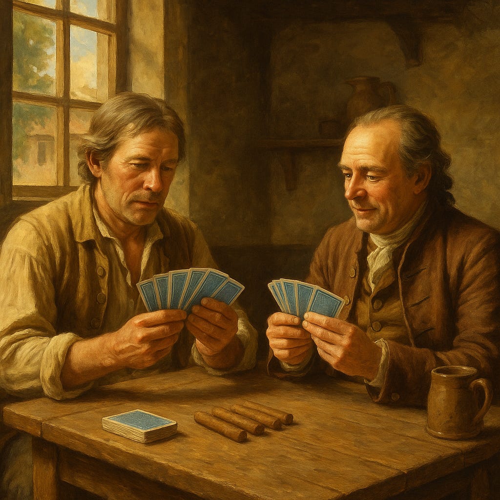 Image created by Chat.gpt of 2 men in an inn playing cards. Each is holding a hand of cards. The rest of the pack is on the table along with the cigars they are playing for