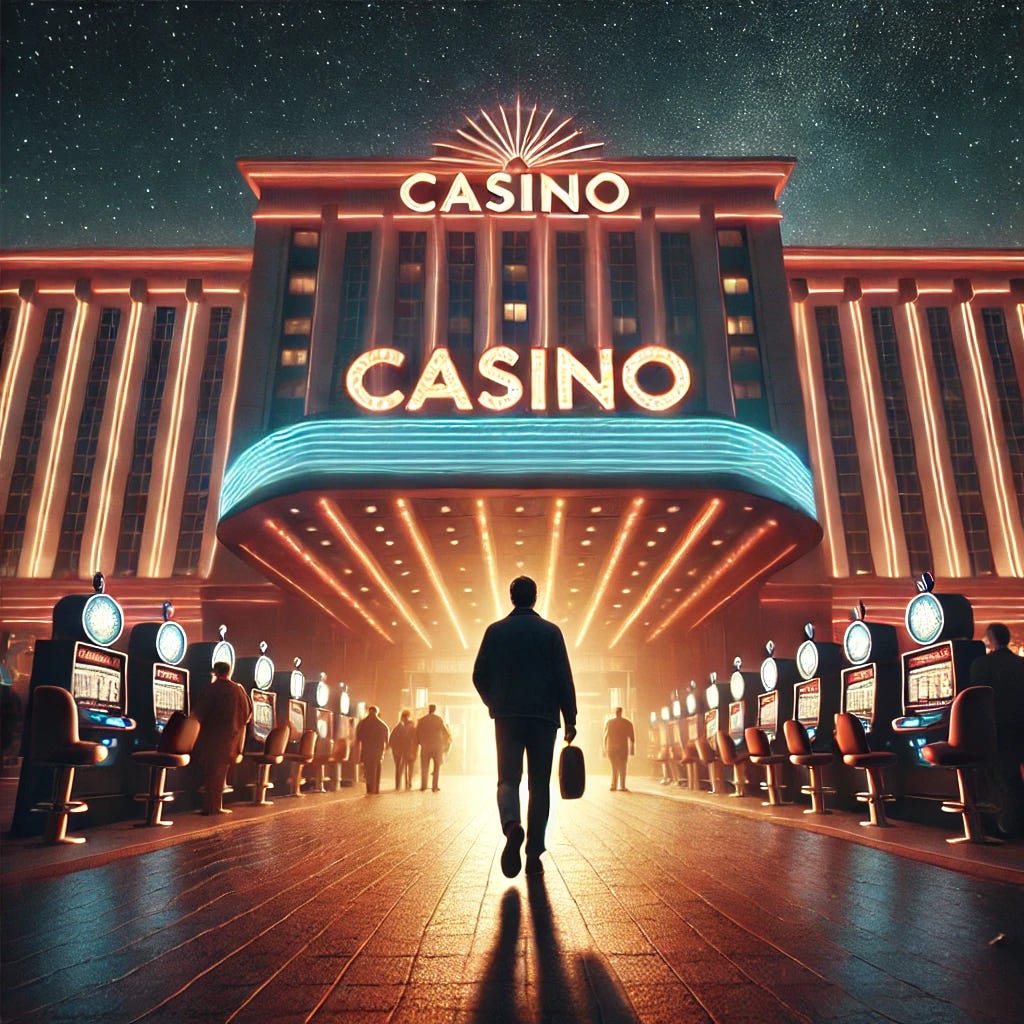 An image depicting the moment of leaving a casino. The scene shows a person, seen from behind, walking away from the entrance of a casino at night. The casino's bright neon lights contrast with the dark, starry sky. The person’s posture conveys exhaustion and relief, as they step away from the allure of the gambling world. The casino entrance is grand with large, glowing signs, and a few other people are seen entering, but the focus is on the lone figure leaving. The atmosphere reflects a sense of finality and liberation.