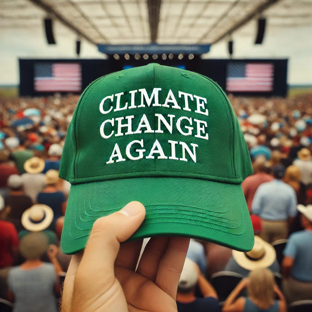 A close-up image of a bright green baseball cap with the words 'Climate Change Again' in bold white letters across the front. The hand holding the cap is off to the side, subtly gripping it at arm's length. In the blurred background, a large, indistinct crowd at a political rally creates a dynamic atmosphere. The scene is neutral-toned with natural lighting to convey a serious and introspective mood. The cap design subtly references a 'Make America Great Again' hat but uses vibrant green to emphasize environmental themes.