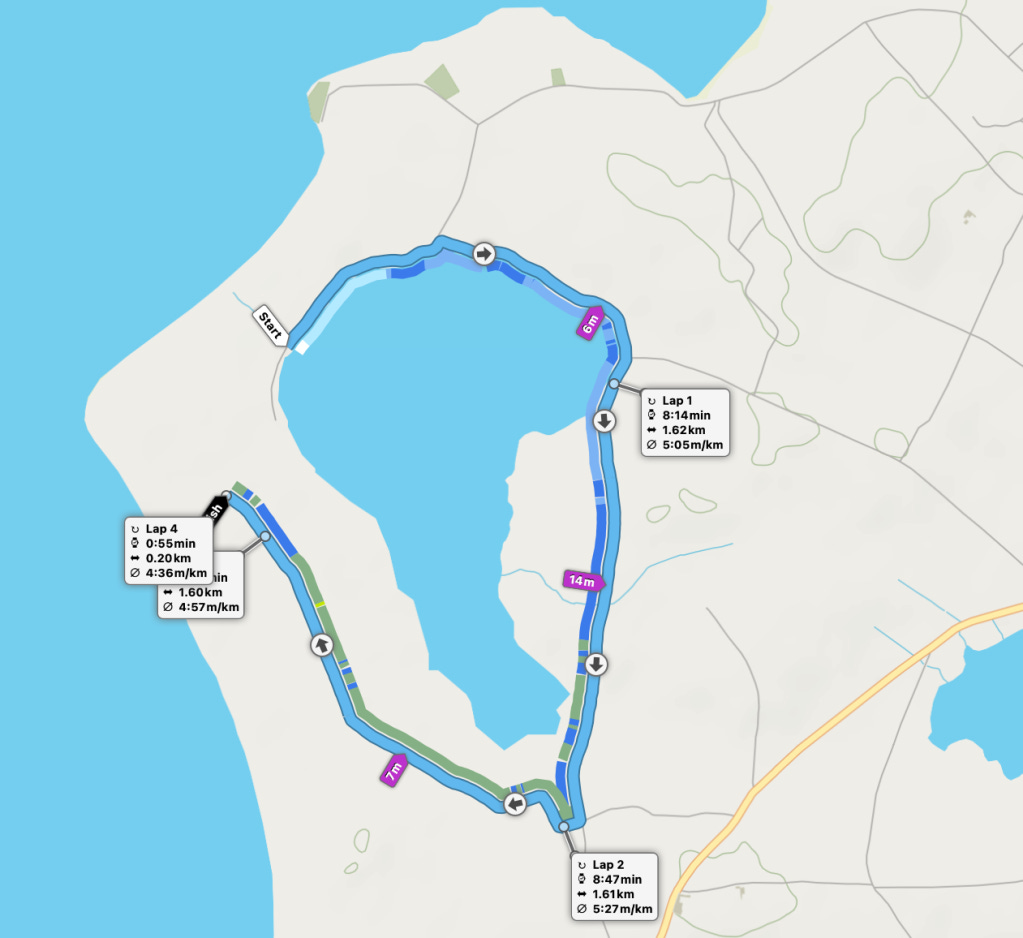 Map showing Erris parkrun route, a clockwise route round a lake, not quite forming a loop